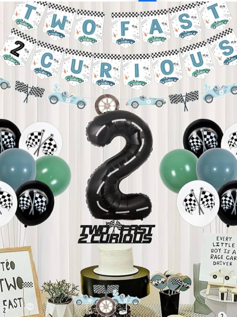 Two Fast Two Curious 2nd Birthday Party Kit - Black & Green